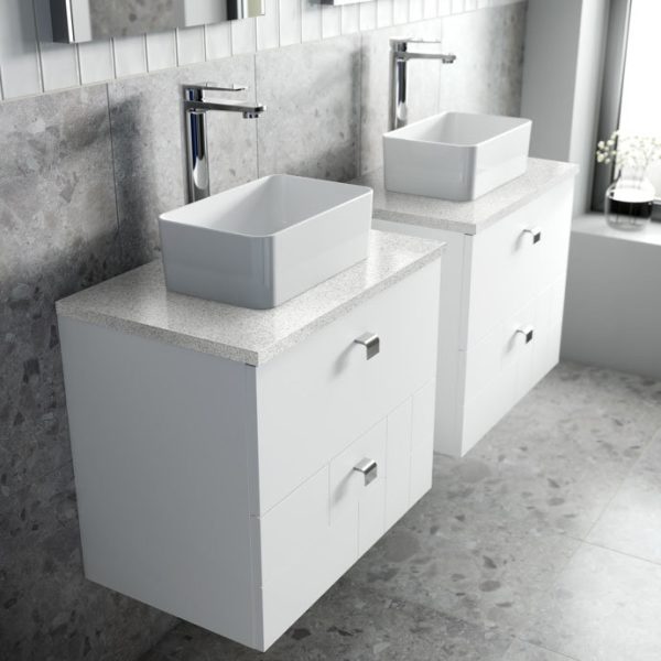 Venice Abstract 600mm White Vanity Unit   Wall Hung 2 Drawer Unit with White Worktop & Chrome Handles - Image 5