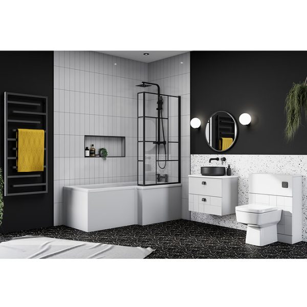 Venice Abstract 600 White Vanity   Wall Hung 2 Drawer Unit w. White Worktop, Round Matt Black Basin & Handles - Image 3