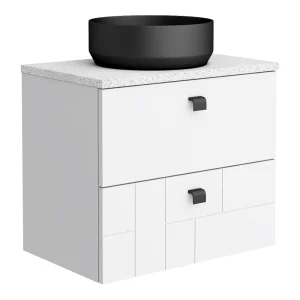 Venice Abstract 600 White Vanity   Wall Hung 2 Drawer Unit w. White Worktop, Round Matt Black Basin & Handles