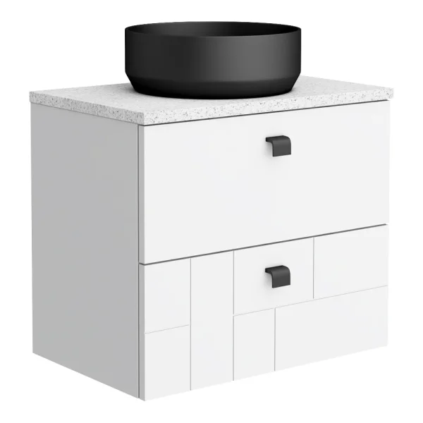 Venice Abstract 600 White Vanity   Wall Hung 2 Drawer Unit w. White Worktop, Round Matt Black Basin & Handles