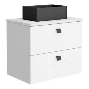 Venice Abstract 600 White Vanity   Wall Hung 2 Drawer Unit w. White Worktop, Rectangular Matt Black Basin & Handles