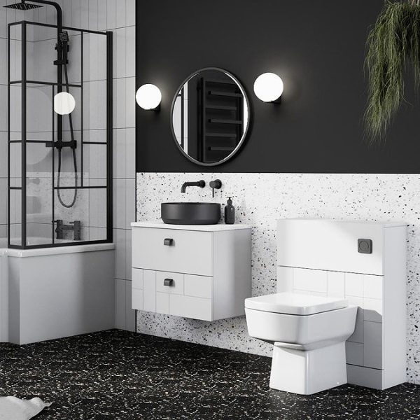 Venice Abstract 600mm White Vanity   Wall Hung 2 Drawer Unit with White Worktop & Matt Black Handles - Image 2