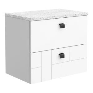 Venice Abstract 600mm White Vanity   Wall Hung 2 Drawer Unit with White Worktop & Matt Black Handles