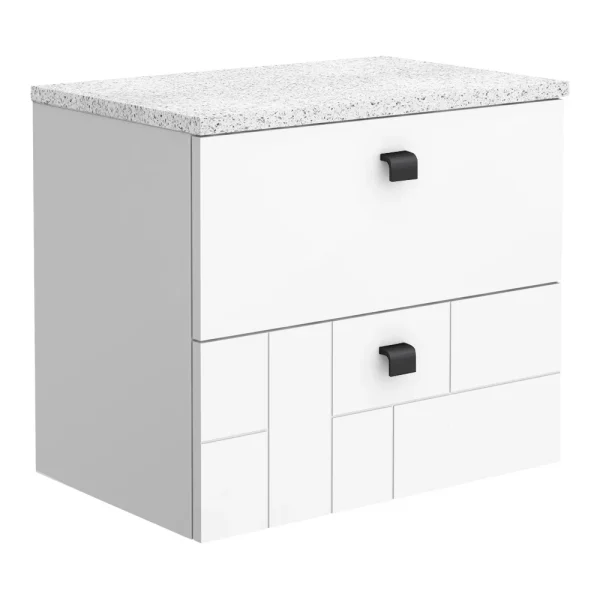 Venice Abstract 600mm White Vanity   Wall Hung 2 Drawer Unit with White Worktop & Matt Black Handles