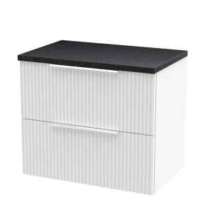 Venice Fluted 600mm White Vanity Unit   Wall Hung 2 Drawer Unit with Black Worktop & Chrome Handles