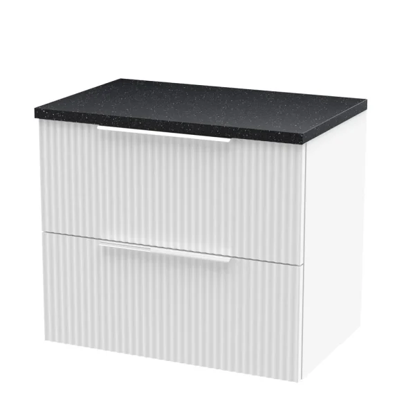 Venice Fluted 600mm White Vanity Unit   Wall Hung 2 Drawer Unit with Black Worktop & Chrome Handles