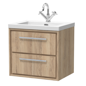 Arezzo Moda 600mm Rustic Oak Wall Hung 2 Drawer Vanity Unit with Chrome Handles