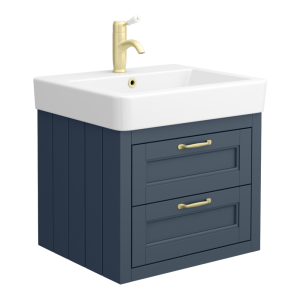 Chatsworth Blue Wall Hung 2 Drawer Vanity   560mm with Brushed Brass Handles
