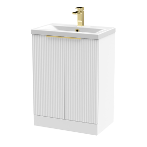 Venice Fluted 600mm White Vanity Unit   Floor Standing 2 Door Unit with Brushed Brass Handles