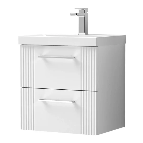 Roxbury Deco Fluted 500mm White Vanity Unit   Wall Hung 2 Drawer Unit & Chrome Handles