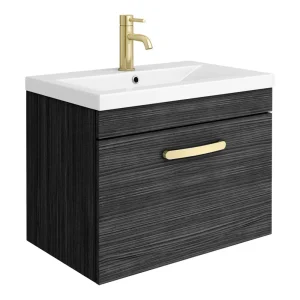 Brooklyn 600mm Black Wall Hung 1 Drawer Vanity Unit with Brushed Brass Handle