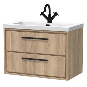Arezzo Moda 800mm Rustic Oak Wall Hung 2 Drawer Vanity Unit with Matt Black Handles