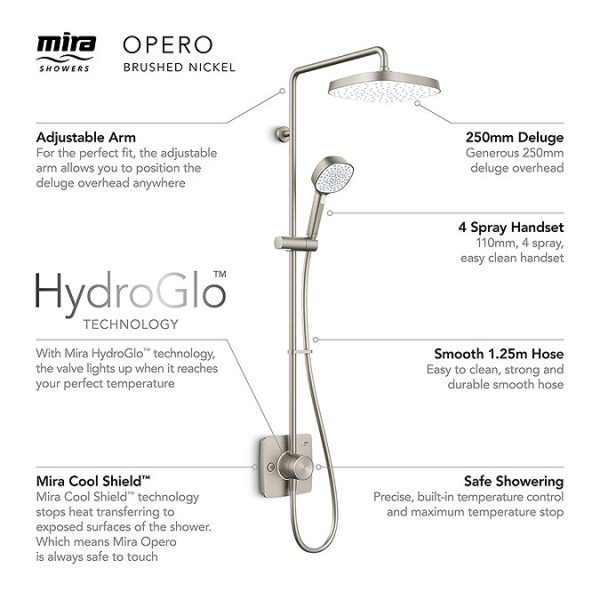 Mira Opero Dual Brushed Nickel Thermostatic Mixer Shower - Image 3