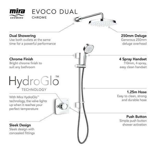 Mira Evoco Dual Outlet Chrome Thermostatic Mixer Shower - Image 2