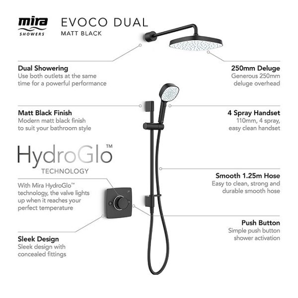 Mira Evoco Dual Outlet Matt Black Thermostatic Mixer Shower - Image 2