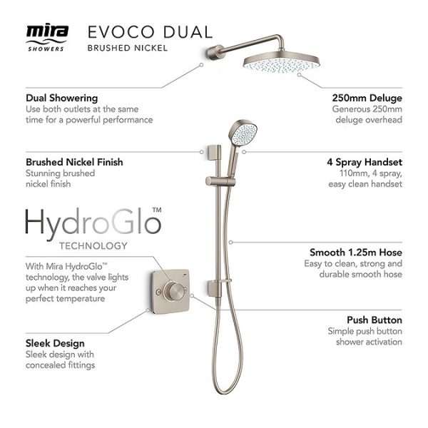Mira Evoco Dual Outlet Brushed Nickel Thermostatic Mixer Shower - Image 2