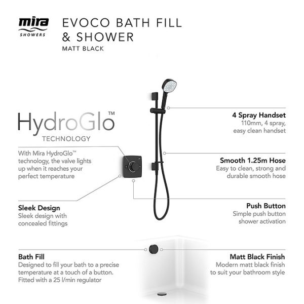 Mira Evoco Dual Outlet Matt Black Thermostatic Mixer Shower with Bathfill - Image 2