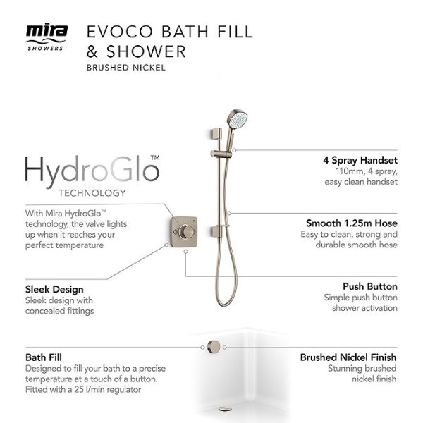 Mira Evoco Dual Outlet Brushed Nickel Thermostatic Mixer Shower with Bathfill - Image 2