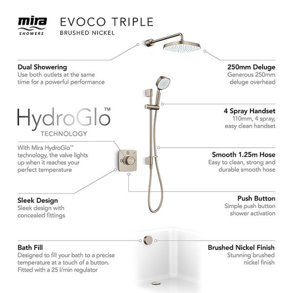 Mira Evoco Triple Outlet Brushed Nickel Thermostatic Mixer Shower with Bathfill - Image 2