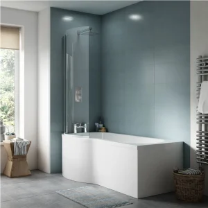 Concerto P Shaped Small Shower Bath   1500mm with Screen + Panel