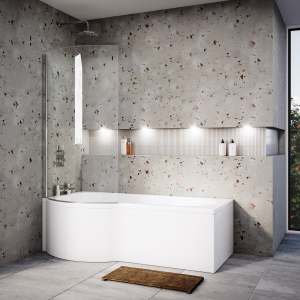 Cruze P Shaped Shower Bath   1700mm with Screen + Panel