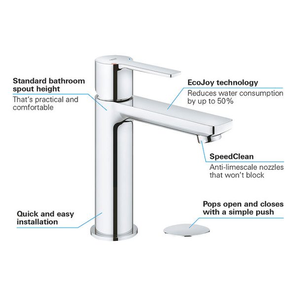 Grohe Lineare Basin Mixer 1/2" S Size with Push Open Waste Set - Image 2