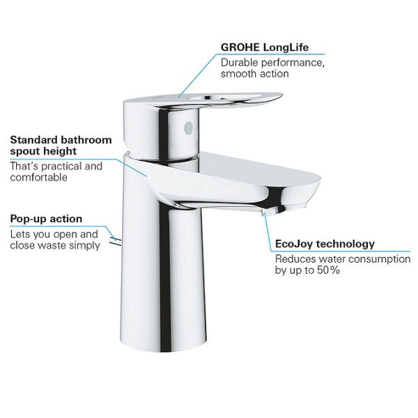 Grohe BauLoop S Size Mono Basin Mixer with Pop up Waste - Image 3