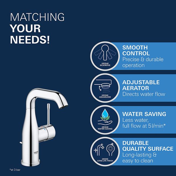 Grohe Essence M Size Mono Basin Mixer with Pop up Waste   Chrome - Image 6