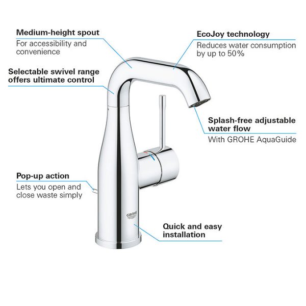 Grohe Essence M Size Mono Basin Mixer with Pop up Waste   Chrome - Image 9