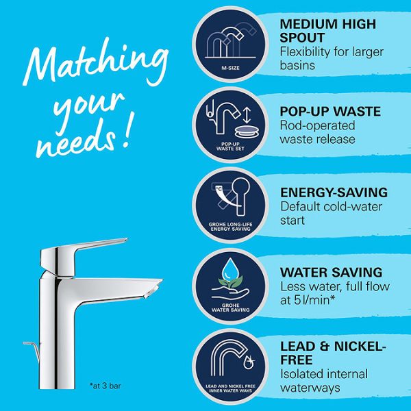 Grohe QuickFix Start SilkMove ES M Size Mono Basin Mixer with Pop up Waste - Image 11