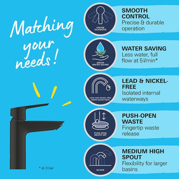 Grohe Start SilkMove ES M Size Mono Basin Mixer with Push Open Waste   Matt Black - Image 14