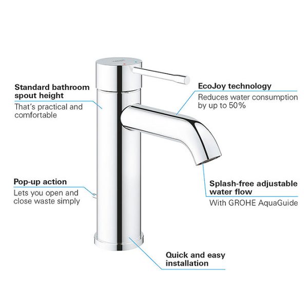Grohe Essence S Size Mono Basin Mixer with Pop up Waste   Chrome - Image 9