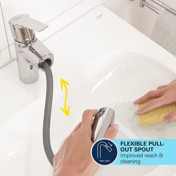 Grohe QuickFix Start Mono Basin Mixer with Pull Out Spout + Push Open Waste - Image 3