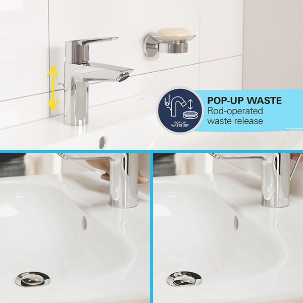 Grohe QuickFix Edge SilkMove ES S Size Mono Basin Mixer with Pop up Waste   Chrome - Image 7