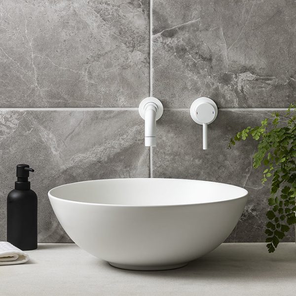 Arezzo Round Matt White Wall Mounted (2TH) Basin Mixer Tap - Image 3