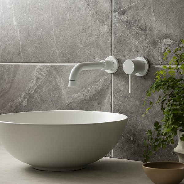 Arezzo Round Matt White Wall Mounted (2TH) Basin Mixer Tap - Image 4
