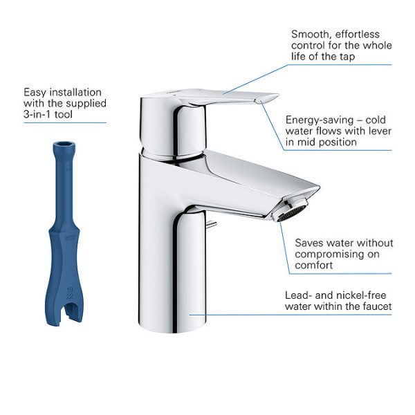 Grohe QuickFix Start SilkMove ES S Size Mono Basin Mixer with Pop up Waste - Image 2