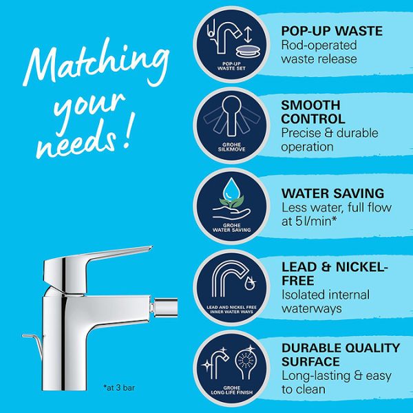 Grohe QuickFix Start S Size Bidet Mixer with Pop up Waste - Image 9