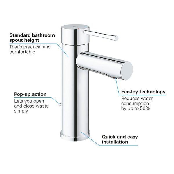 Grohe Essence S Size Mono Basin Mixer with Pop up Waste - Image 4