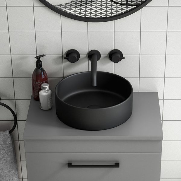 Arezzo Round Matt Black Wall Mounted (3TH) Basin Mixer Tap - Image 2