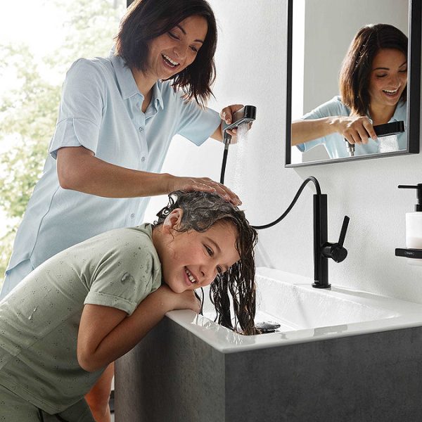 hansgrohe Finoris Single Lever Basin Mixer 230 with Pull Out Spray, 2jet and Push Open Waste Set   Matt Black - Image 4