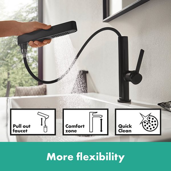 hansgrohe Finoris Single Lever Basin Mixer 230 with Pull Out Spray, 2jet and Push Open Waste Set   Matt Black - Image 5