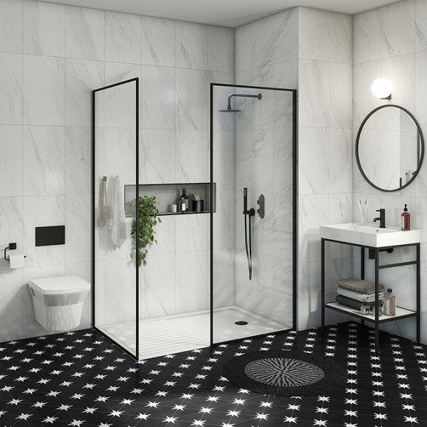Arezzo 1400 x 900 Walk In Enclosure (incl. 800 Matt Black Framed Screen, Side Panel + White Tray) - Image 6