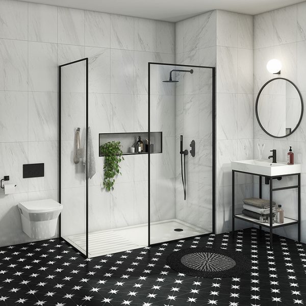 Arezzo 1600 x 800 Walk In Enclosure (incl. 900 Matt Black Framed Screen, Side Panel + White Tray) - Image 2