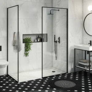 Arezzo 1600 x 800 Walk In Enclosure (incl. 900 Matt Black Framed Screen, Side Panel + White Tray)