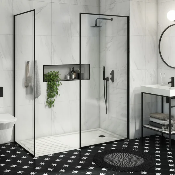 Arezzo 1600 x 800 Walk In Enclosure (incl. 900 Matt Black Framed Screen, Side Panel + White Tray)