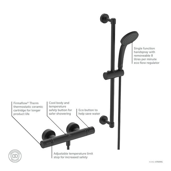 Ideal Standard Silk Black Ceratherm T25 Exposed Thermostatic Shower System - Image 3