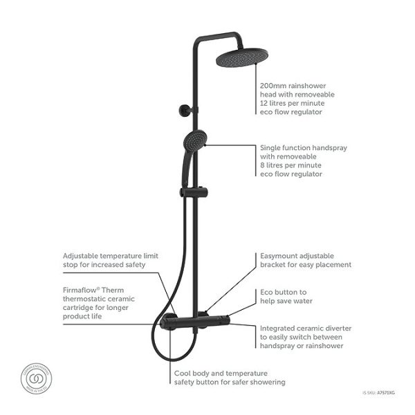 Ideal Standard Silk Black Ceratherm T25 Exposed Thermostatic Shower System - Image 3