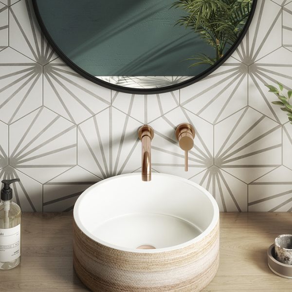 Arezzo Round Brushed Bronze Wall Mounted (2TH) Basin Mixer Tap - Image 2