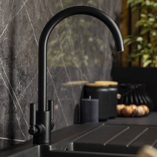 Abode Brolle Dual Lever kitchen Mixer Tap   Matt Black